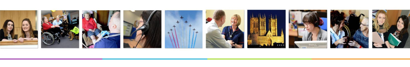 Multiple images of Lincolnshire landmarks, red arrows flying and LCHS staff and patients.